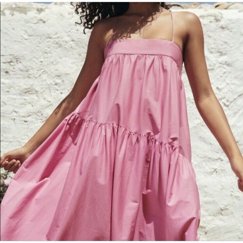 NWT MNG Mango ORGANIC COTTON Pink Sleeveless Parachute Maxi Dress Sz 8 - Picture 6 of 16